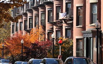 A row of brick Victorian houses in Boston's South End neighborhood